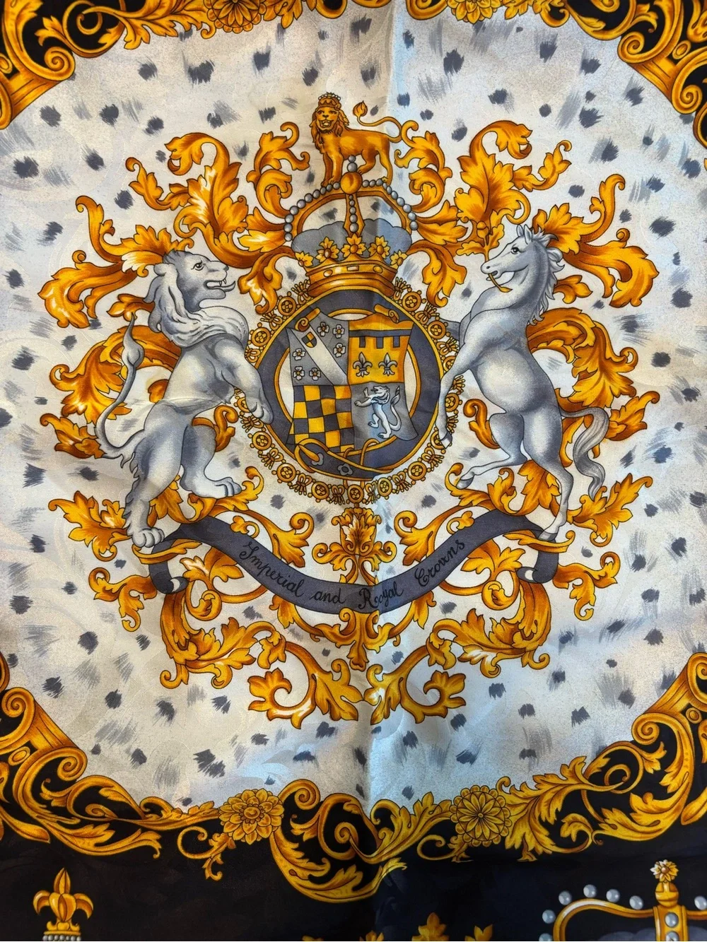Vintage silk scarf with gold crowns and ornate scrollwork 33x33